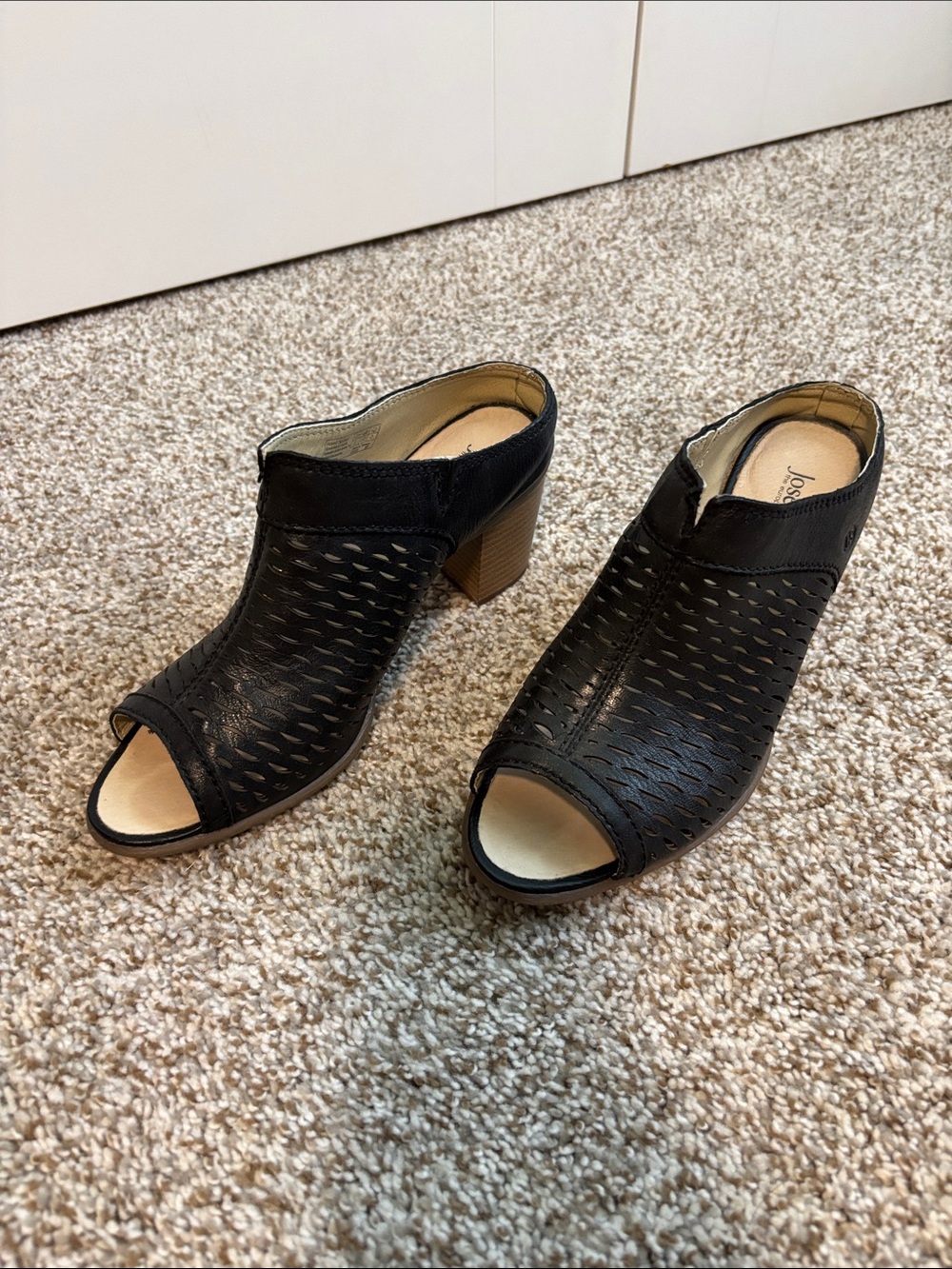 Josef Seibel Black Perforated Peep-Toe Block Heel Mules